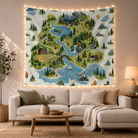 River Valley Map with Mountains and Lighthouse, Whimsical Illustration for Nature Lovers, Scenic Wilderness Art, Housewarming Gift, Tapestry Wall Hanging for Bedroom and Dorm
