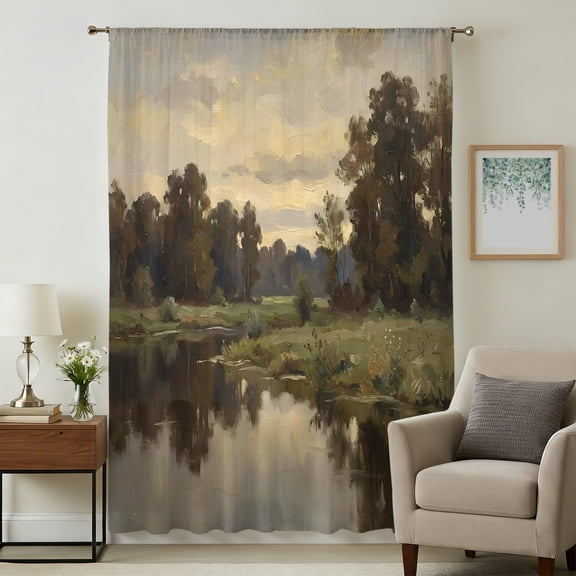 River Valley Sheer Curtains 45 Inches Long, Forest Sunset Sky Olive Green Light Filering Curtains, Breathable Simi Curtain Privacy Drapes for Kitchen Bathroom Lightweight Small Window Treatment
