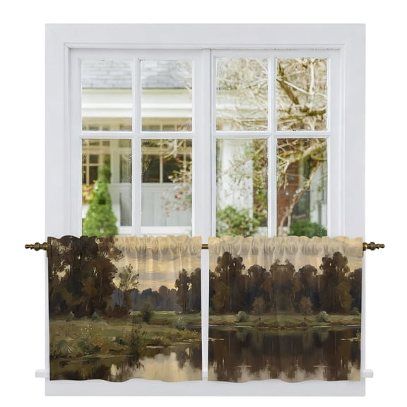 River Valley Tier Curtains 24 Inch Length, Forest Sunset Sky Olive Green Cafe Short Curtains for Bathroom Over Sink, Small Kitchen Curtain Light Filtering Tiered Drapes 2 Panels 27.5"Wx24"L