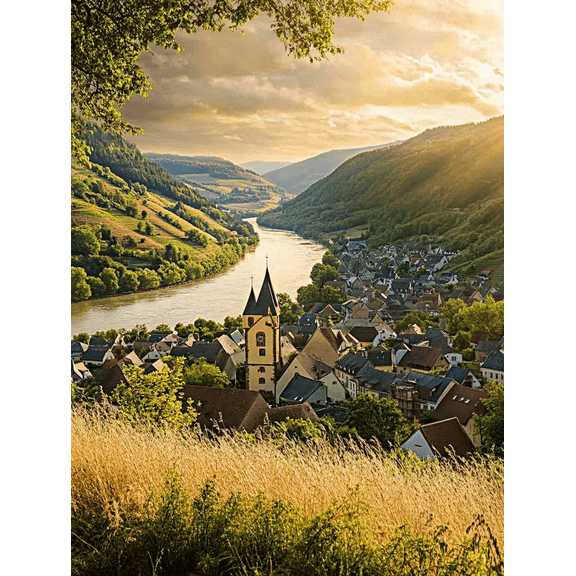 River Valley Town Sunset Canvas Wall Art Suitable for Living Room Bedroom Office Dining Room and Hotel Decoration