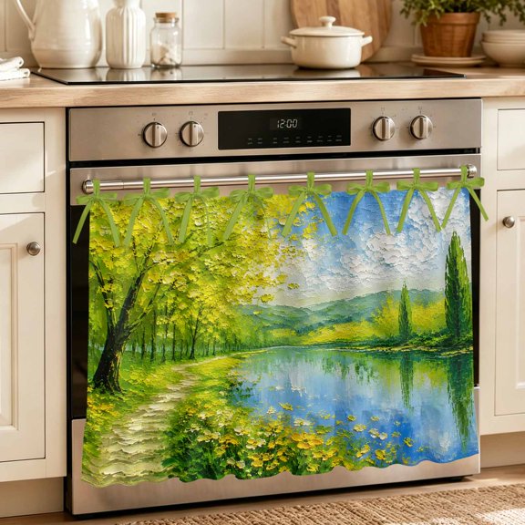 River View Oven Skirt with Ribbon Ties&Ruffled Trim - Impressionist Spring Path Handmade Oven Curtain for Dishwasher, Washing Machine Cabinet Effortless Install, Hide Clutter 27"x20"
