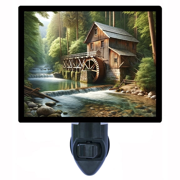 River Water Mill Night Light Rustic Wooden Gristmill on Flowing Stream with Lush Forest Scenery, Vintage Country Cabin Dcor Includes Free Switchable Insert