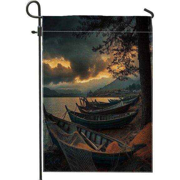 River Watercourse Boat Garden Flags 12x18 Double Sided for Outside Decorative, Farmhouse Lake Ship FrontYard Canvas House Flag, Landscape Scenic Outdoor Small Backyard Lawn Flag