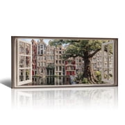 River Window Canvas Wall Art - Autumn European Street Pictures Landscape Paintings, Modern Canvas Prints Horizontal Artwork for Living Room Bedroom Home Decor