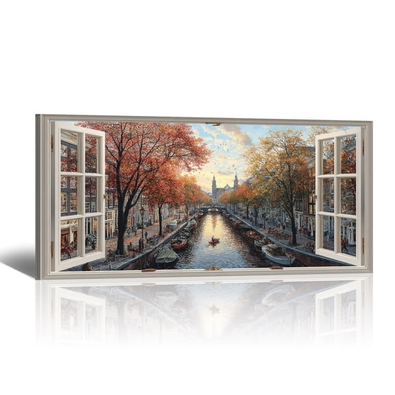River Window Canvas Wall Art - Autumn European Street Pictures Landscape Paintings, Modern Canvas Prints Horizontal Artwork for Living Room Bedroom Home Decor