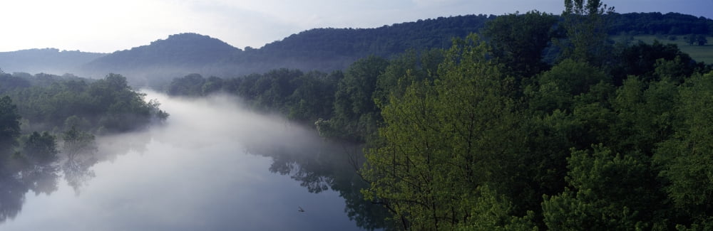 River flowing in a forest with a mountain range in the background Ozark Mountains Arkansas USA Canvas Art - Panoramic Images (36 x 12)