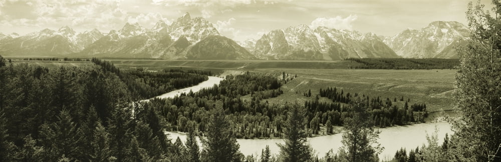 River flowing through a landscape with mountains in the background Snake River Grand Teton National Park Wyoming USA Canvas Art - Panoramic Images (36 x 12)