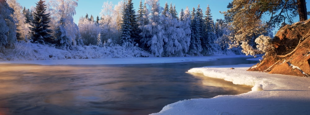 River flowing through a snow covered forest Dal River Dalarna Sweden Canvas Art - Panoramic Images (13 x 36)