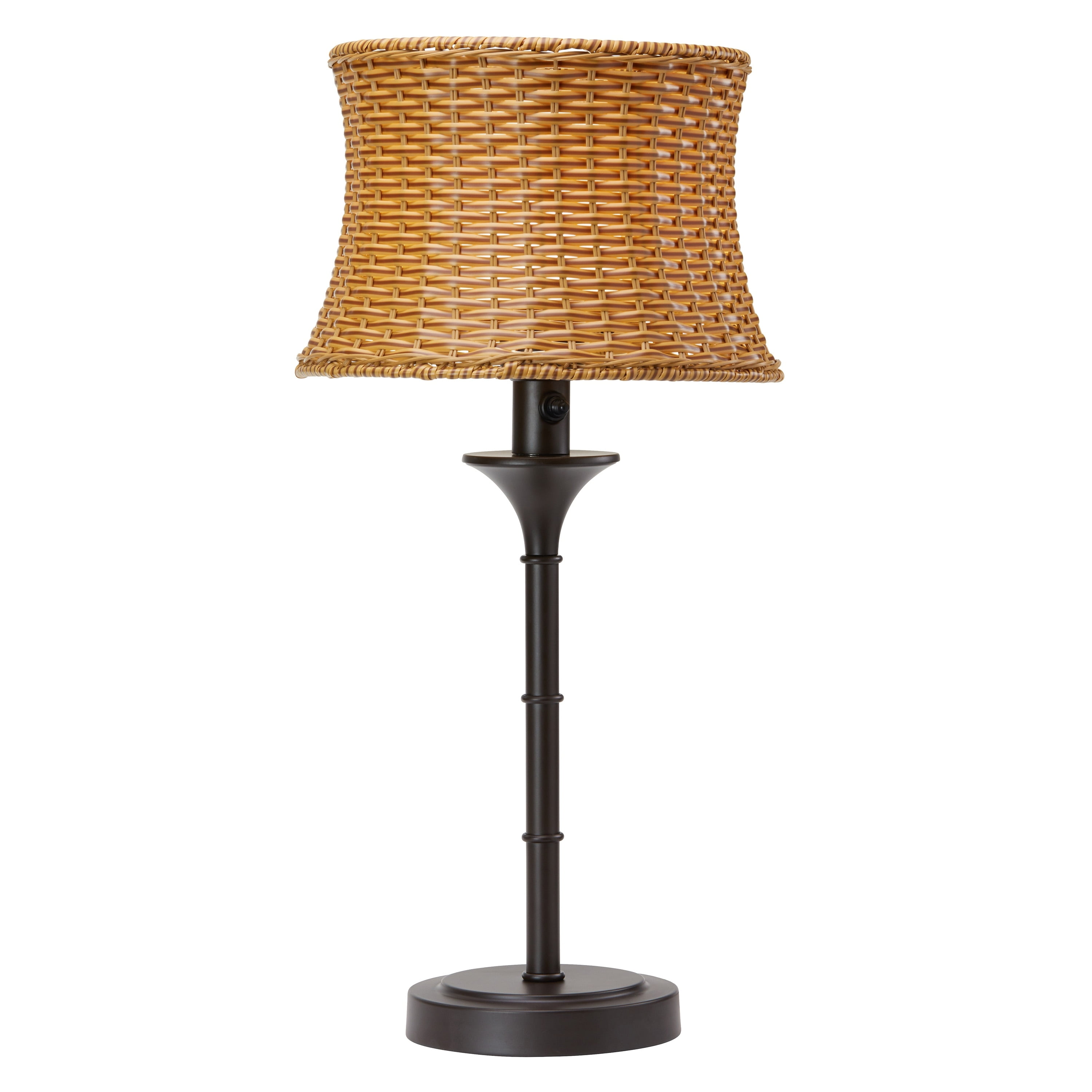 Brown and Beige Outdoor Wicker Table Lamp with Metal Base