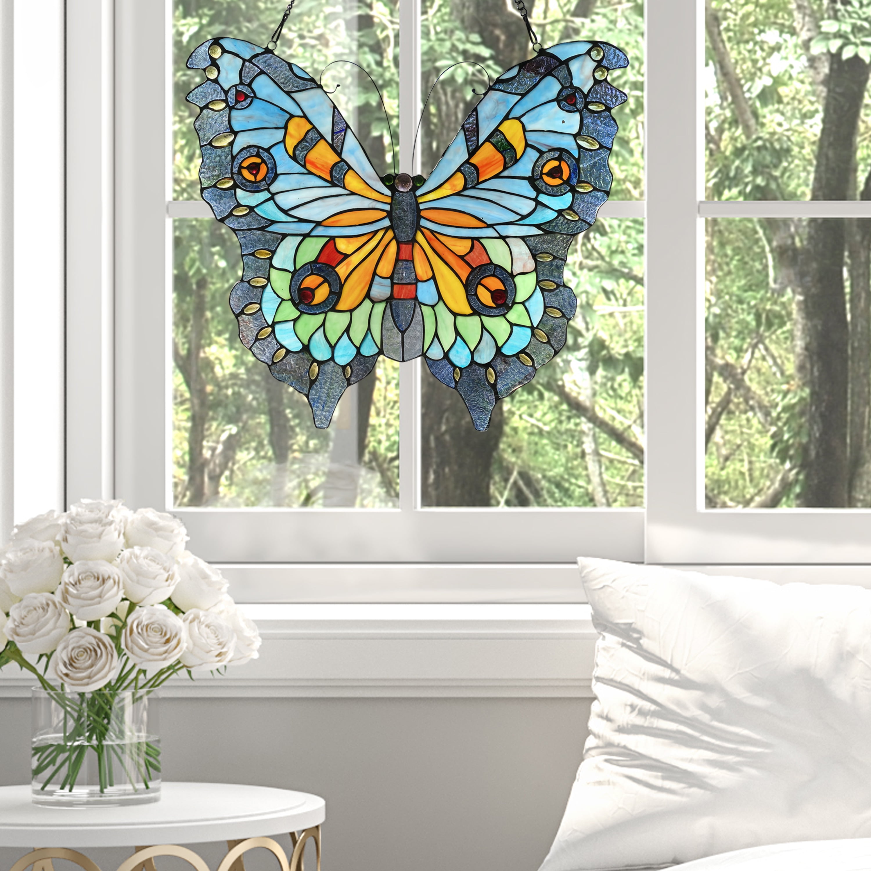 Colorful Stained Glass Swallowtail Butterfly Window Panel, 21.75" x 20.5"
