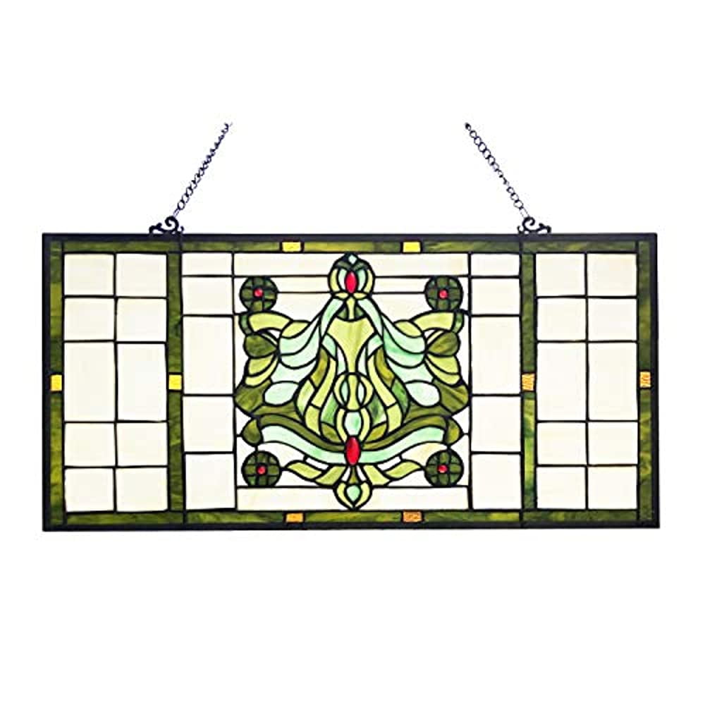 26" Green and Red Victorian Stained Glass Window Panel