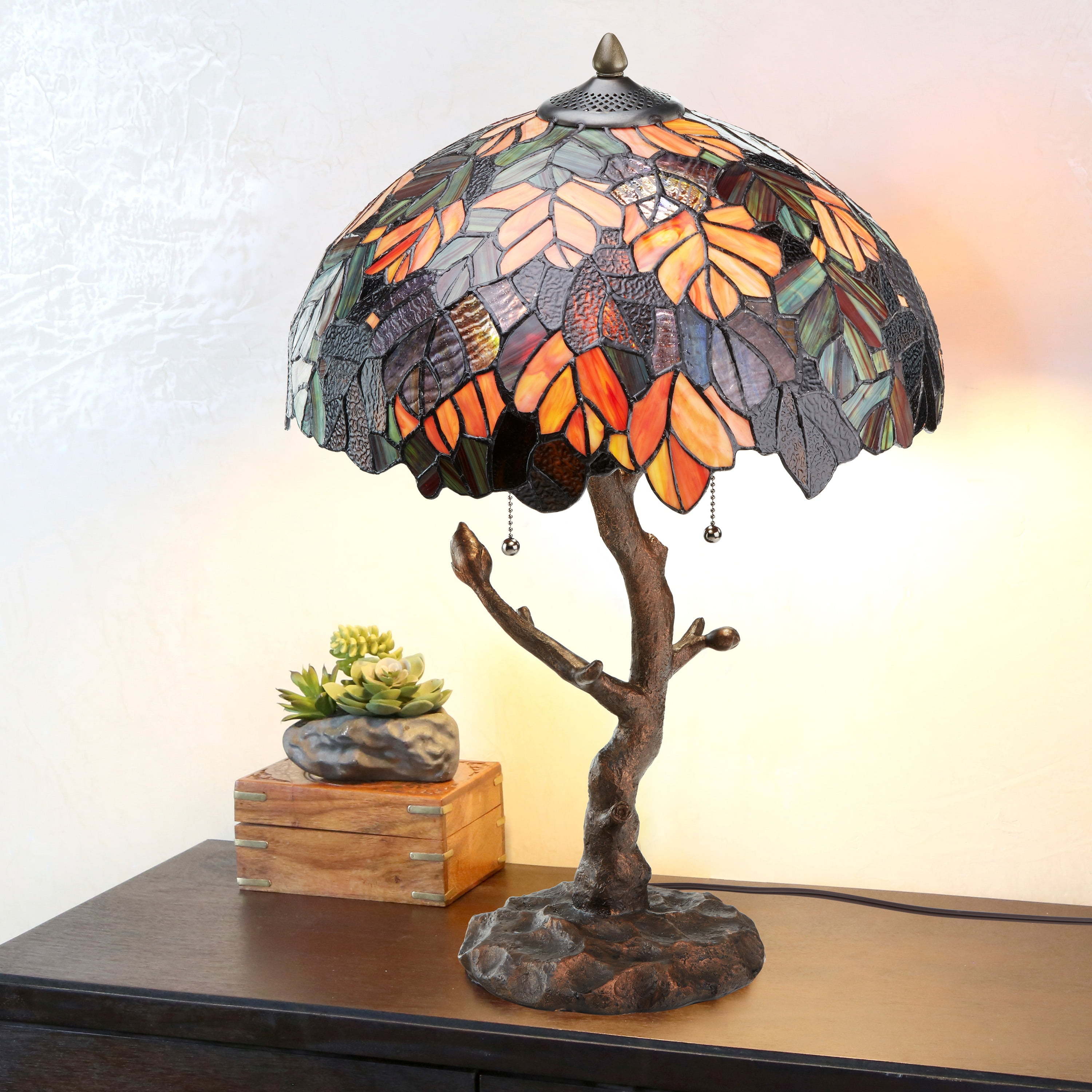 24.5" Bronze Stained Glass Maple Tree Bedside Lamp