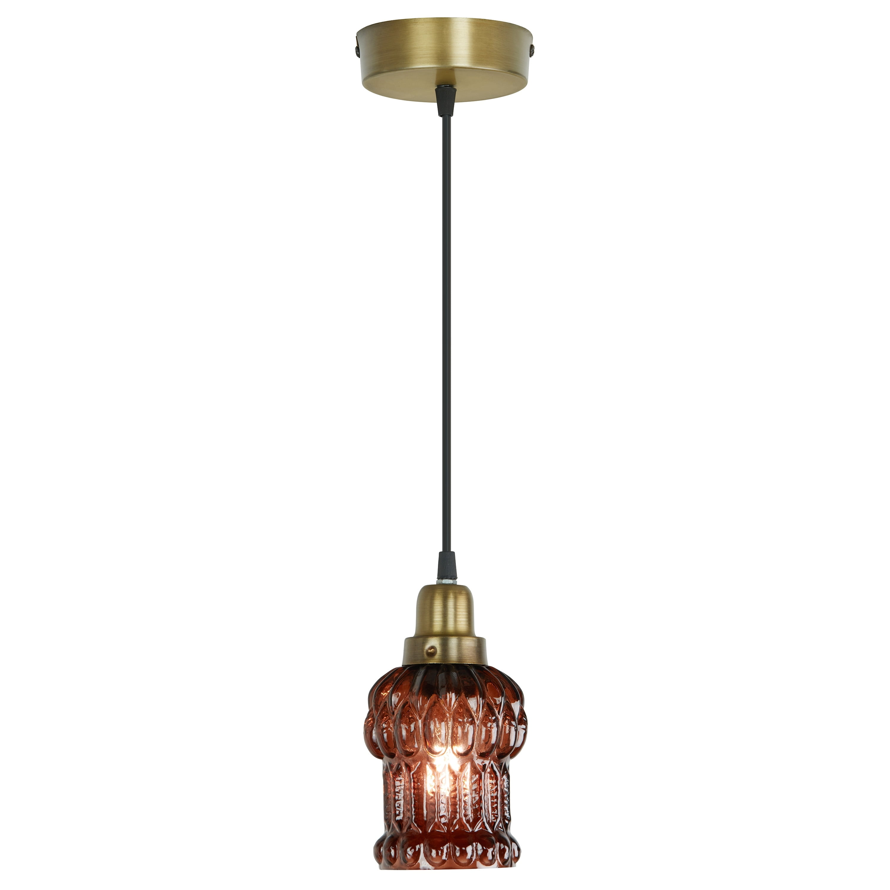 Brown Textured Glass and Gold Metal Pendant Light