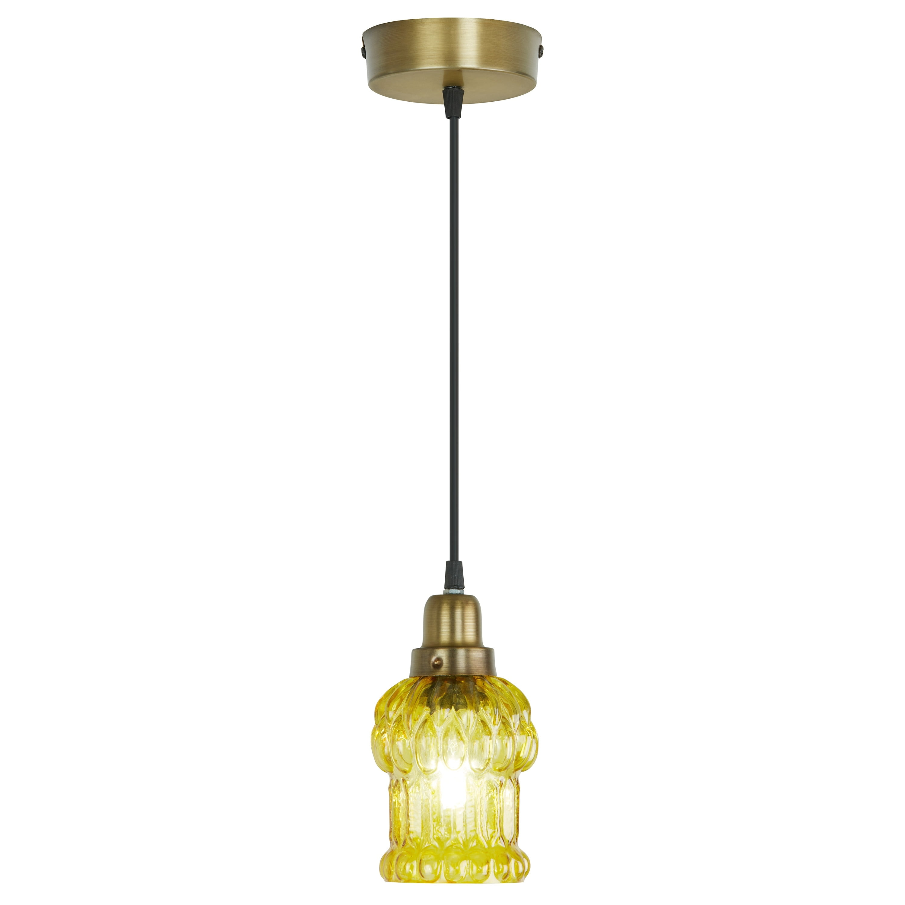 Yellow Textured Glass and Gold Metal Pendant Light, Adjustable Height