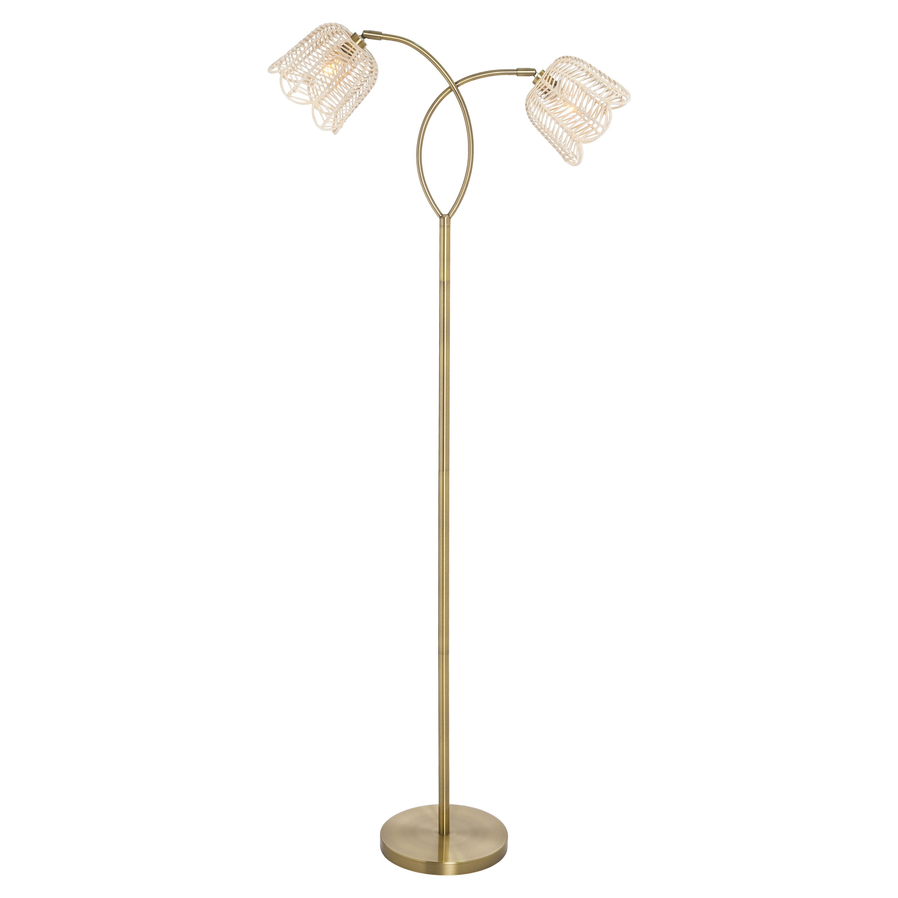 61" Gold Metal Candlestick Floor Lamp with White Rattan Bell Shades