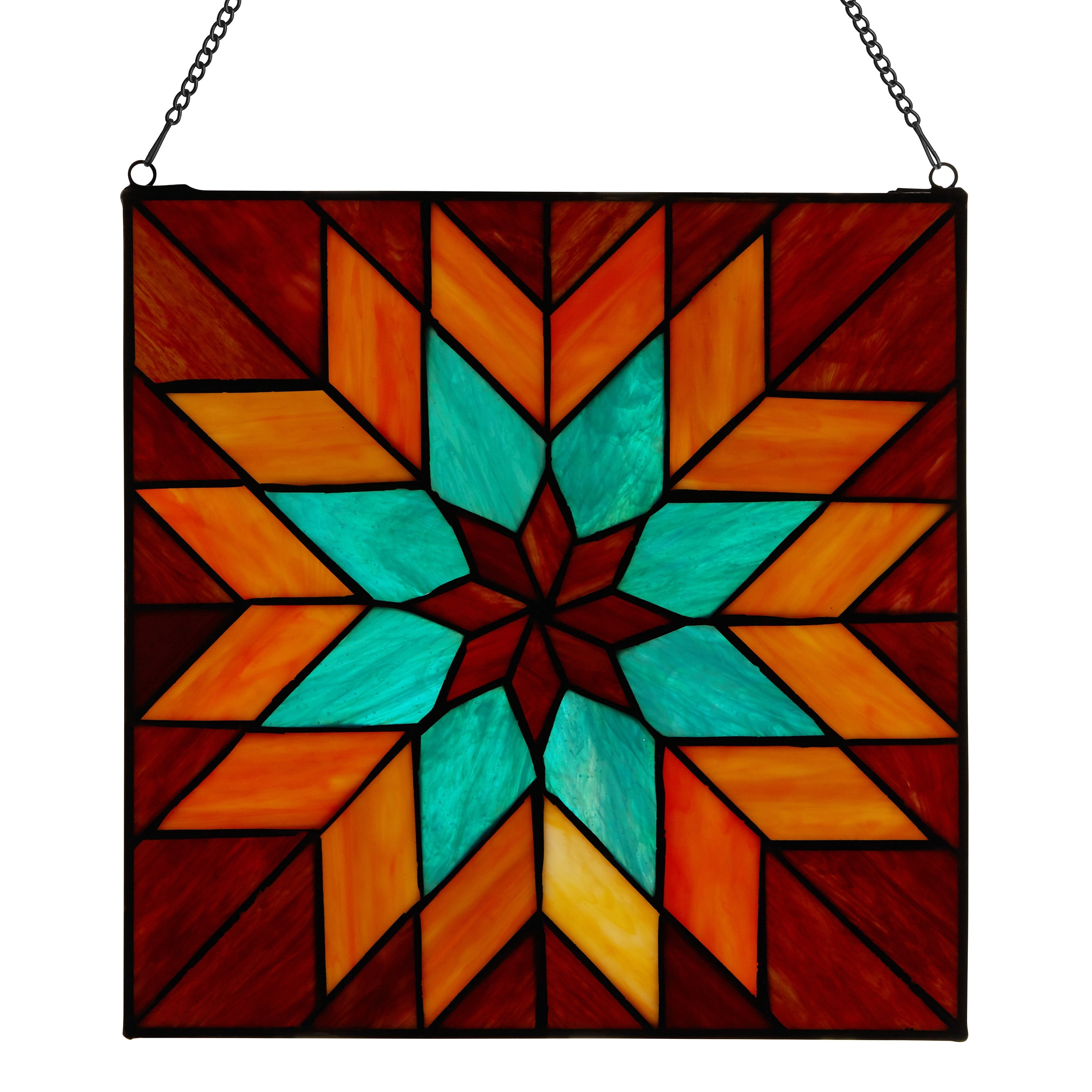Bold Geometric Floral Stained Glass Window Panel in Red, Teal, and Orange