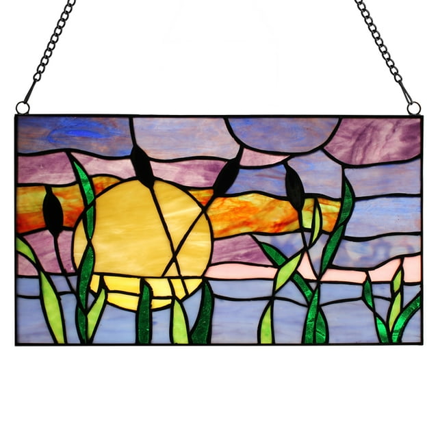 River of Goods Cattails Sunset Multicolored Stained Glass Window Panel