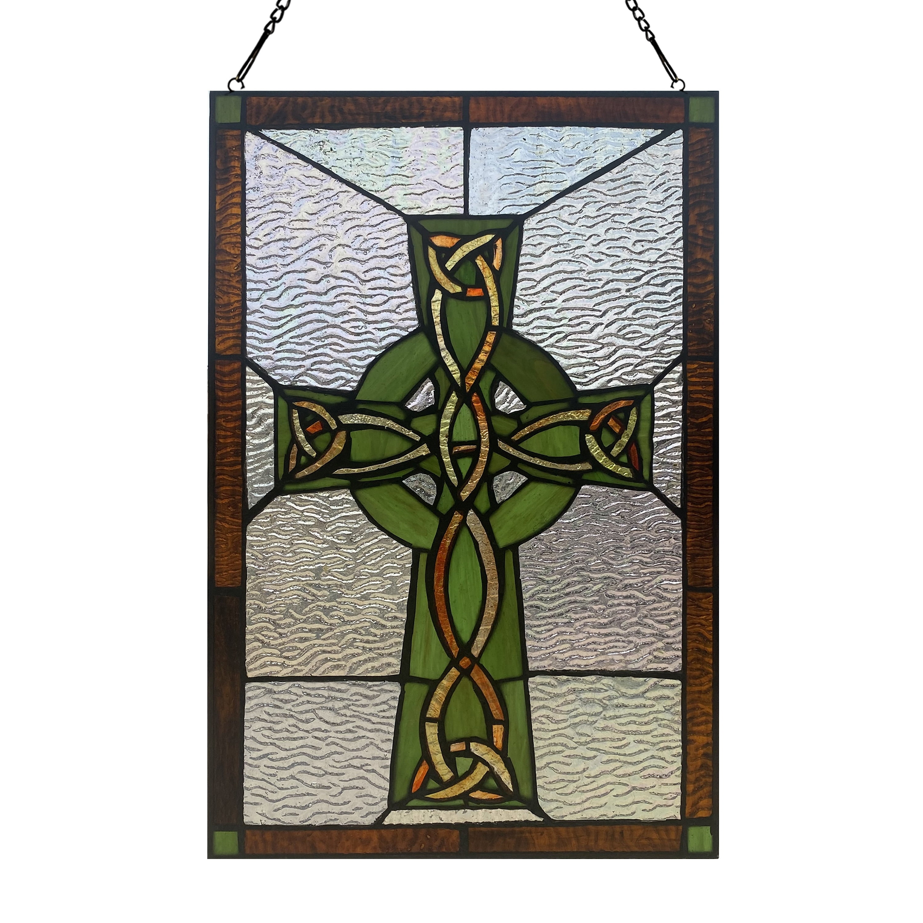 Green and Amber Stained Glass Celtic Cross Window Panel, 18" x 12"