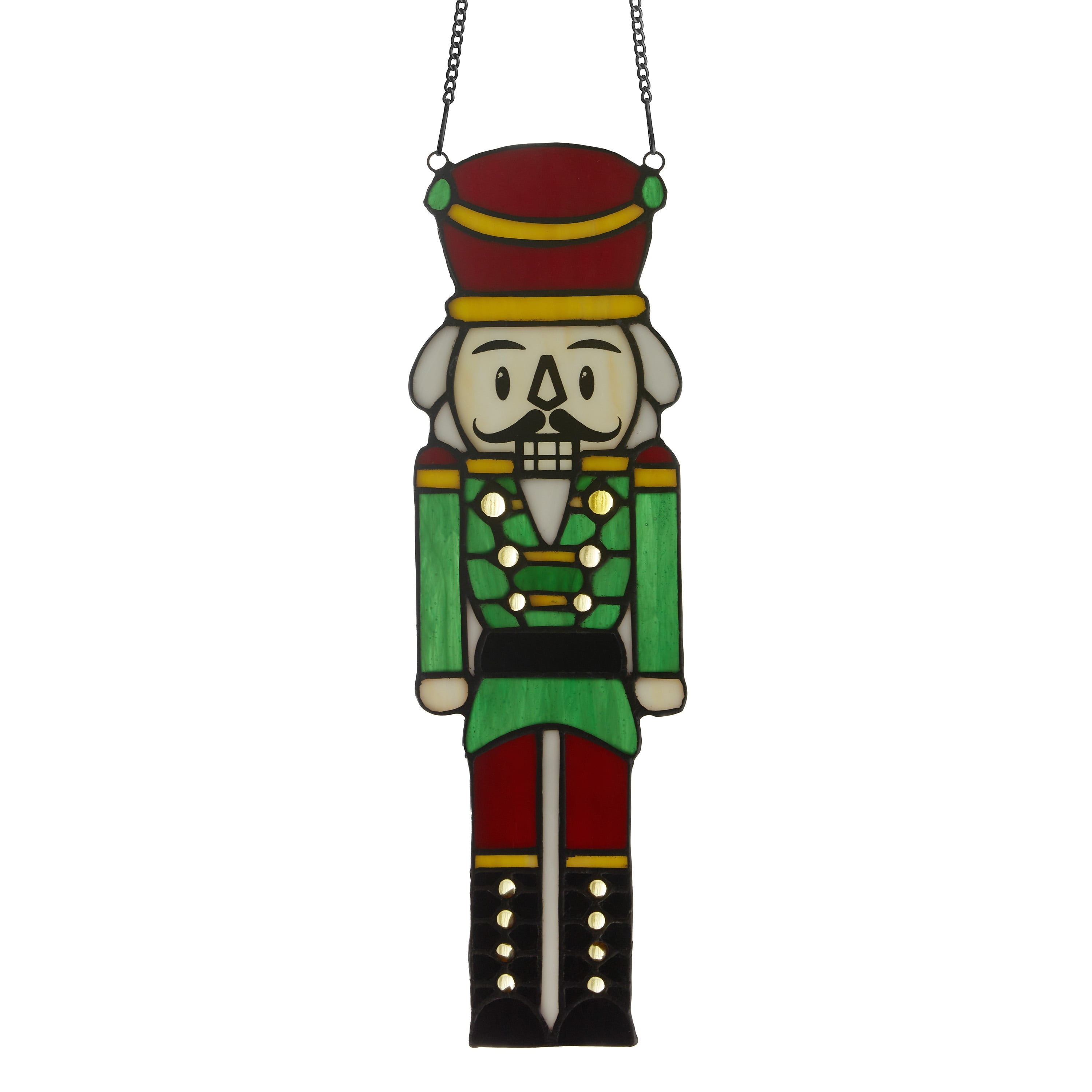 14" Red and Green Stained Glass Nutcracker Window Panel
