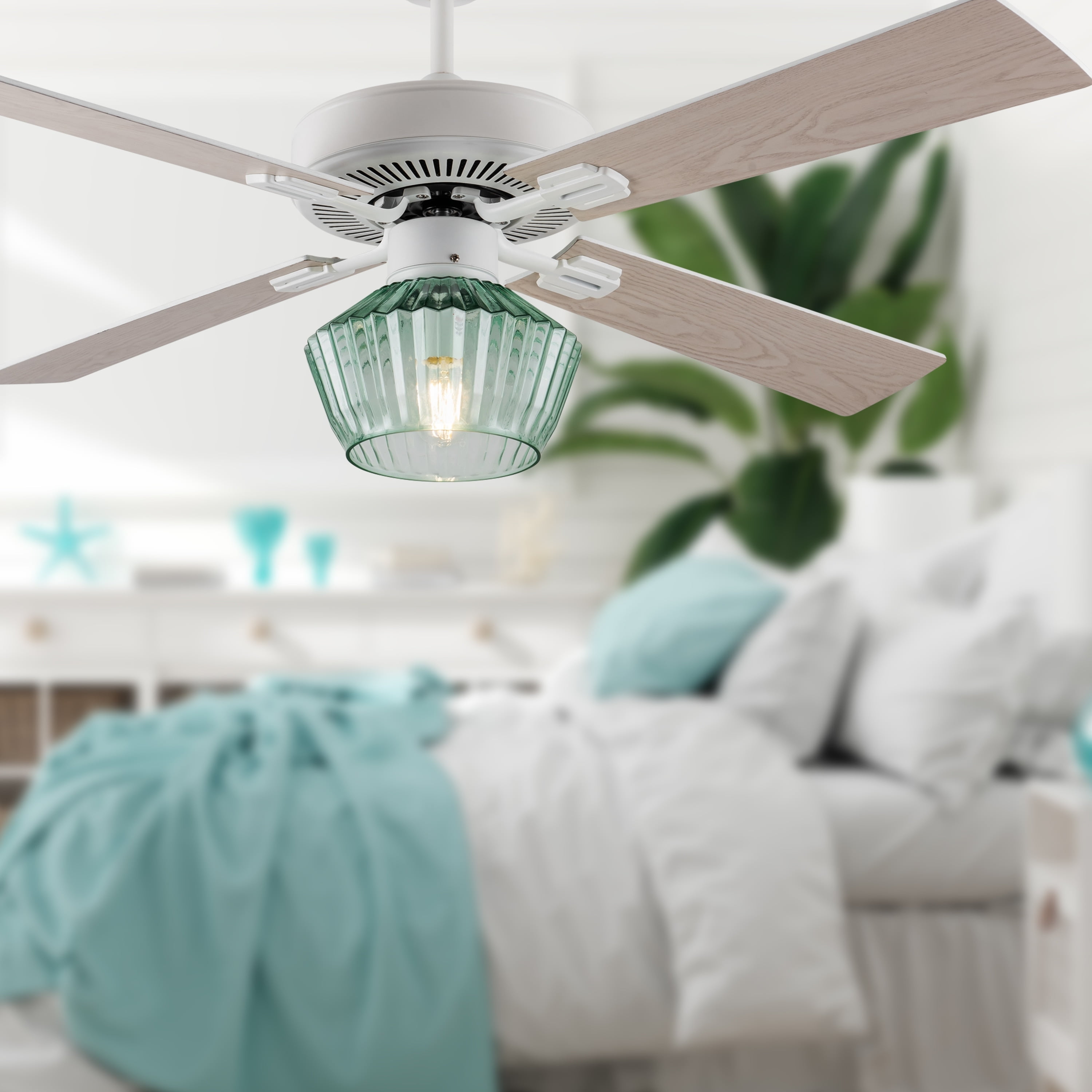 River of Goods Eva Remote Controlled Green Ribbed Sea Glass Shaded 1-Light 52-Inch Ceiling Fan