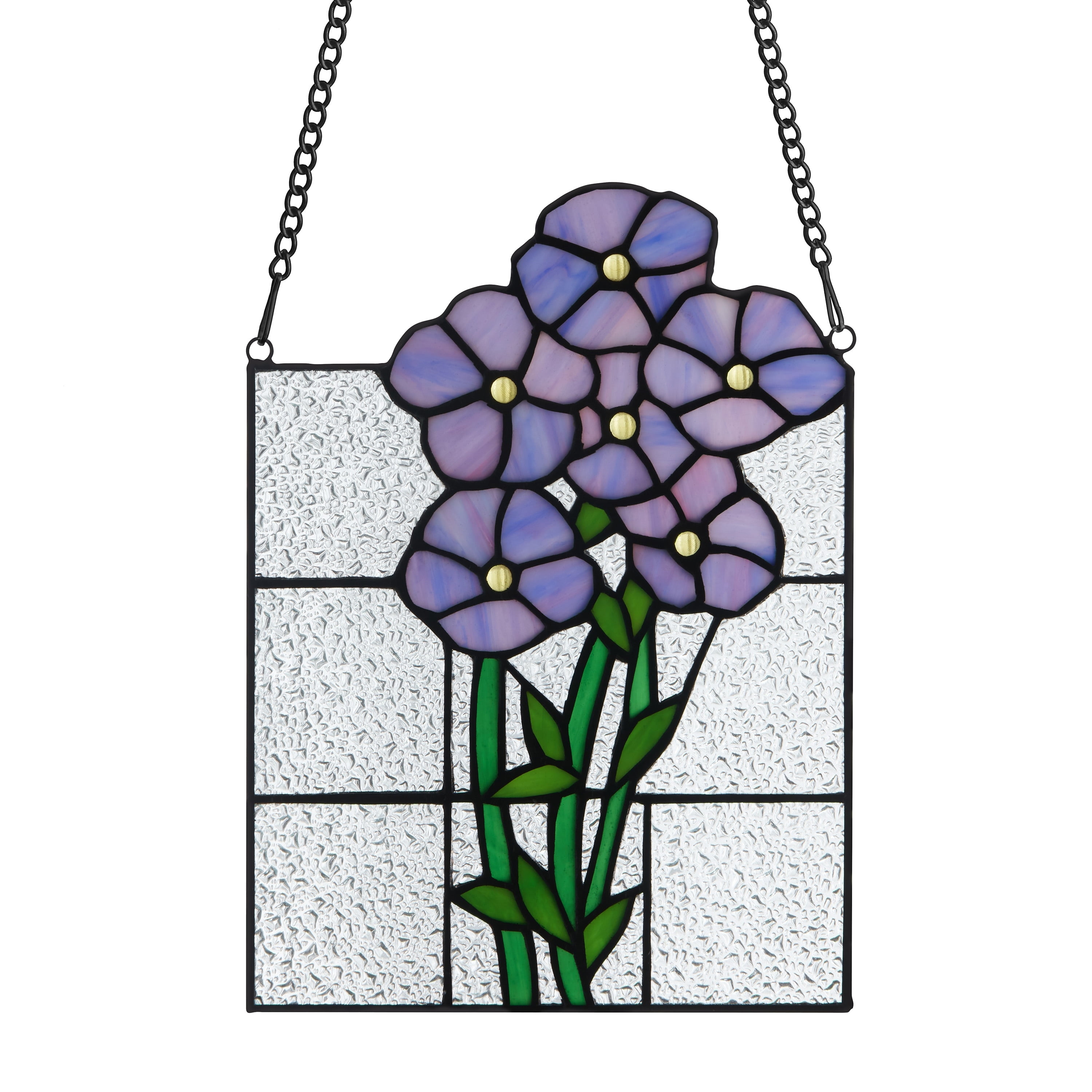 Purple and Green Stained Glass Window Panel with Forget Me Not Flowers