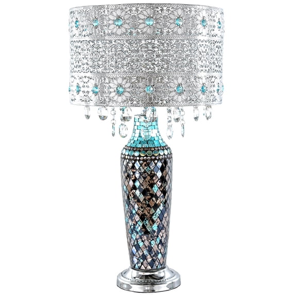 River of Goods Metal Mosaic Hanging Glass Crystal Table Lamp - 13"L x 13"W x 24.25"H Blue