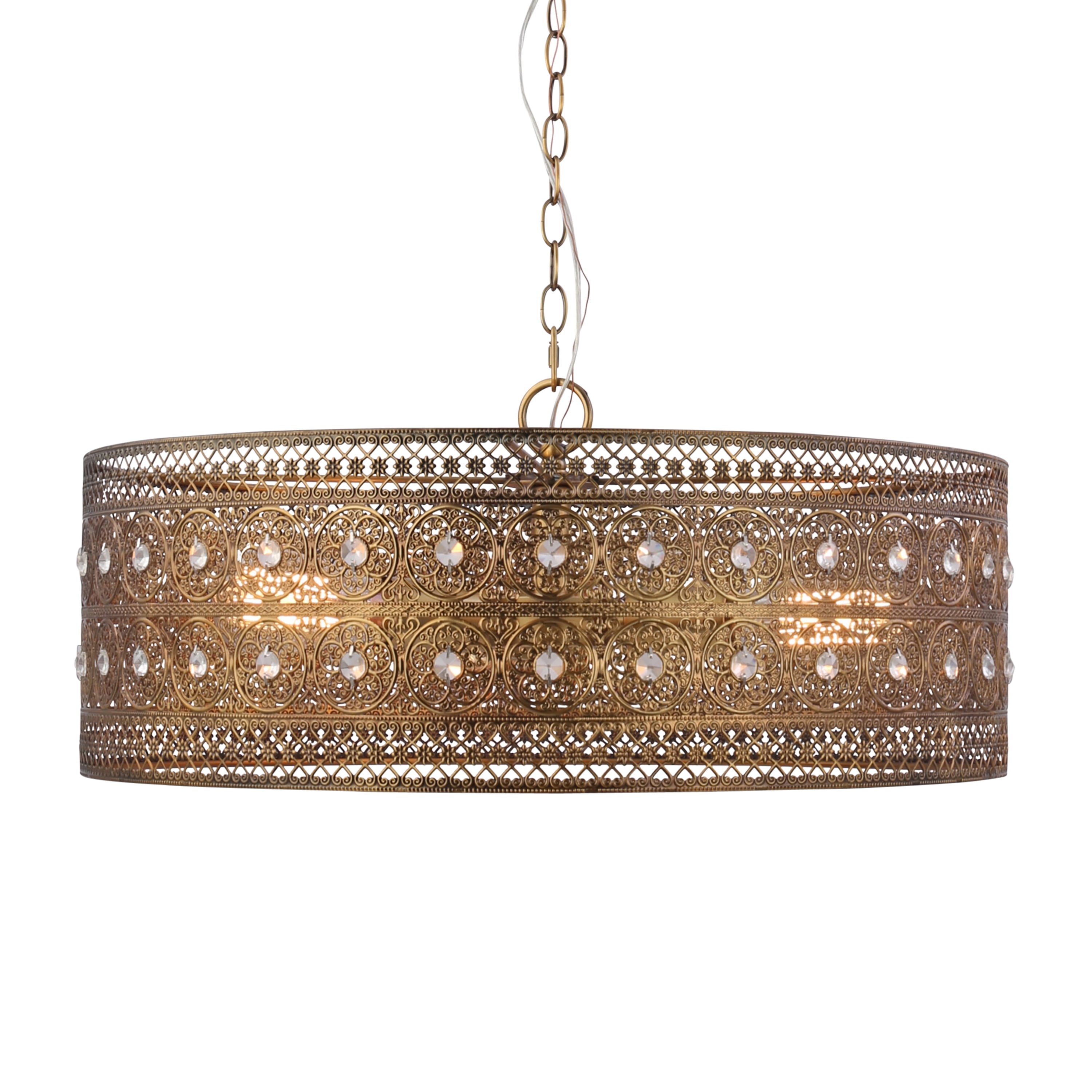 Elegant Brass and Crystal Drum Chandelier, 26" Glam Pendant Light