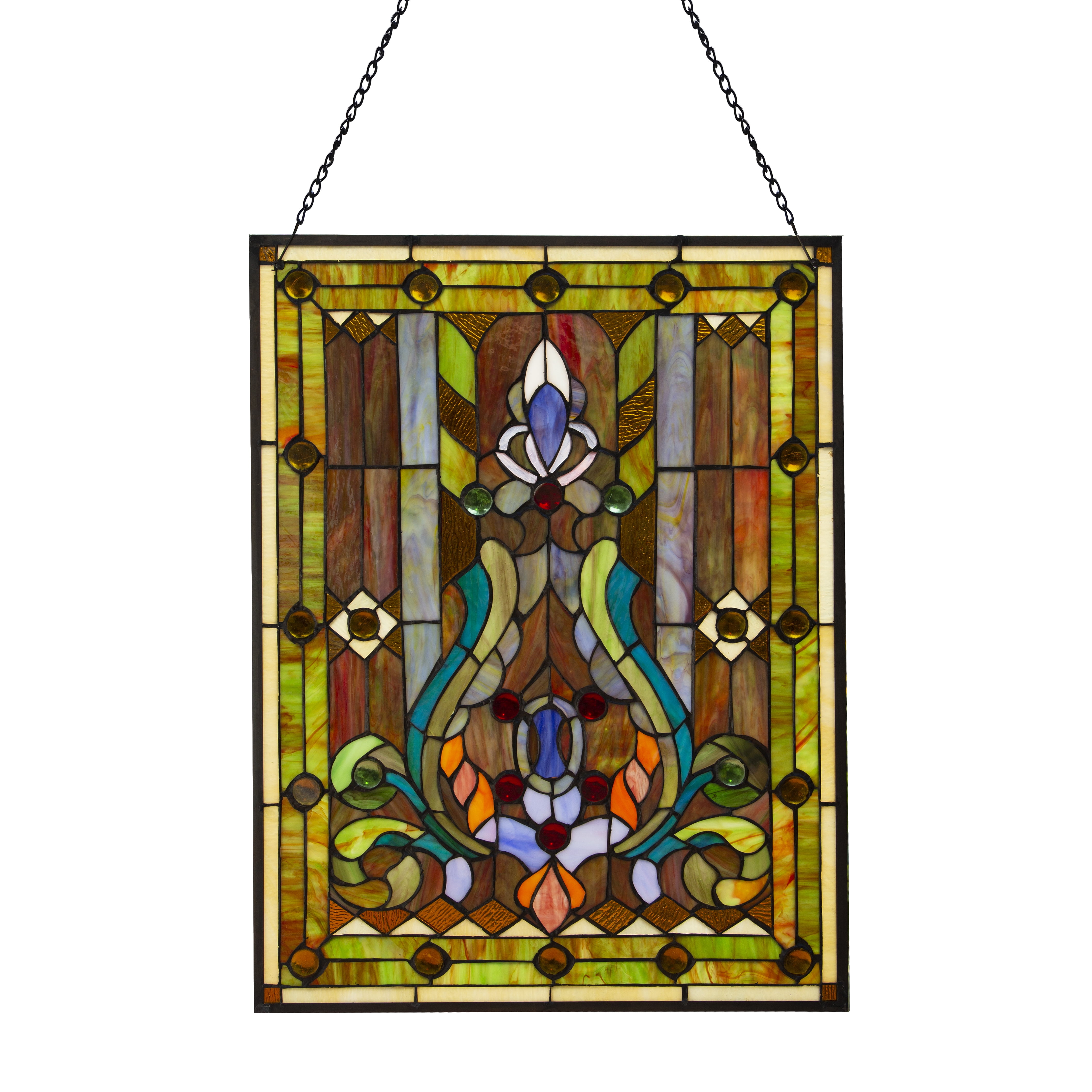 Multicolor Stained Glass Fleur de Lis Window Panel with Chain