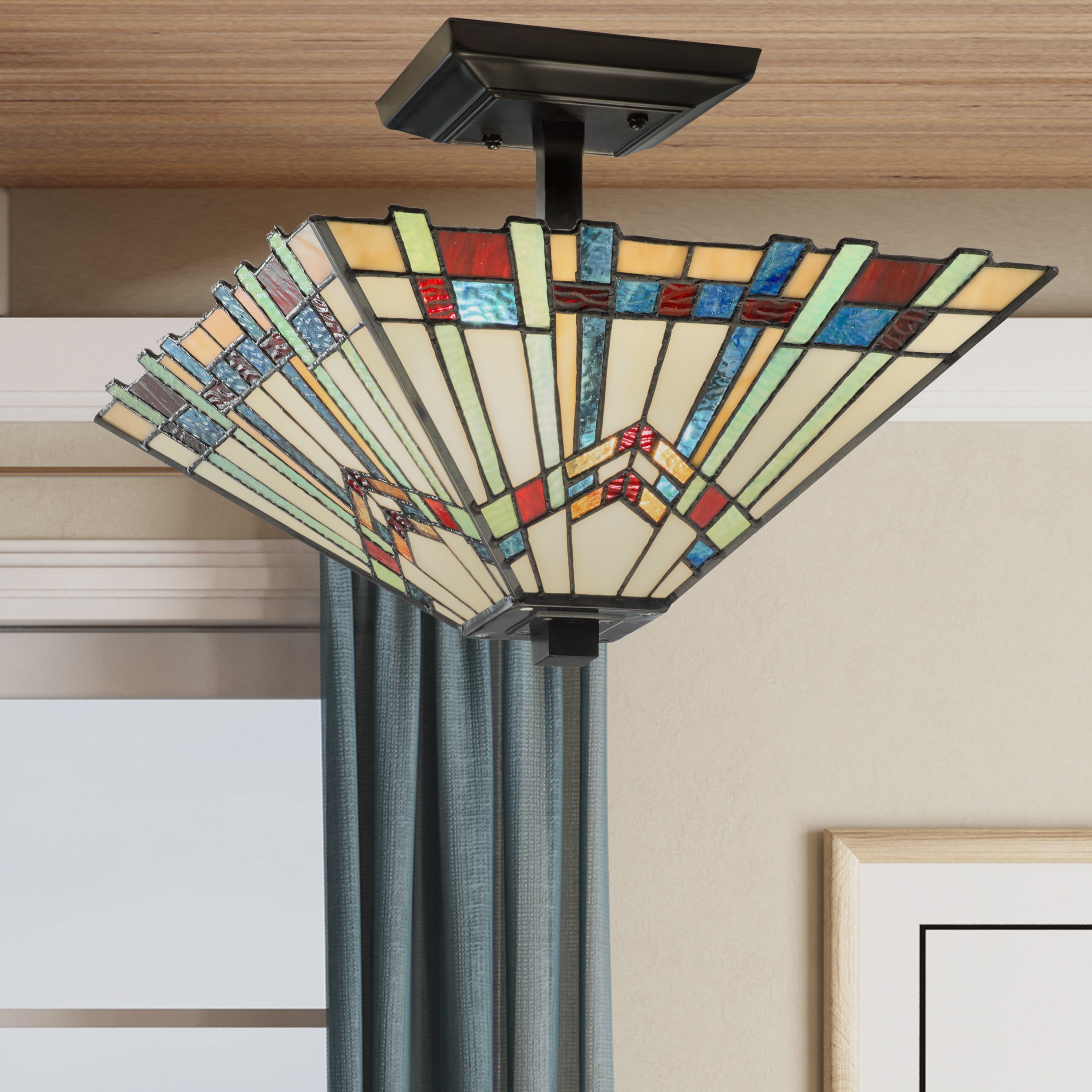 Mission-Inspired 18'' Tiffany Style Stained Glass Semi-Flush Mount in Oil-Rubbed Bronze