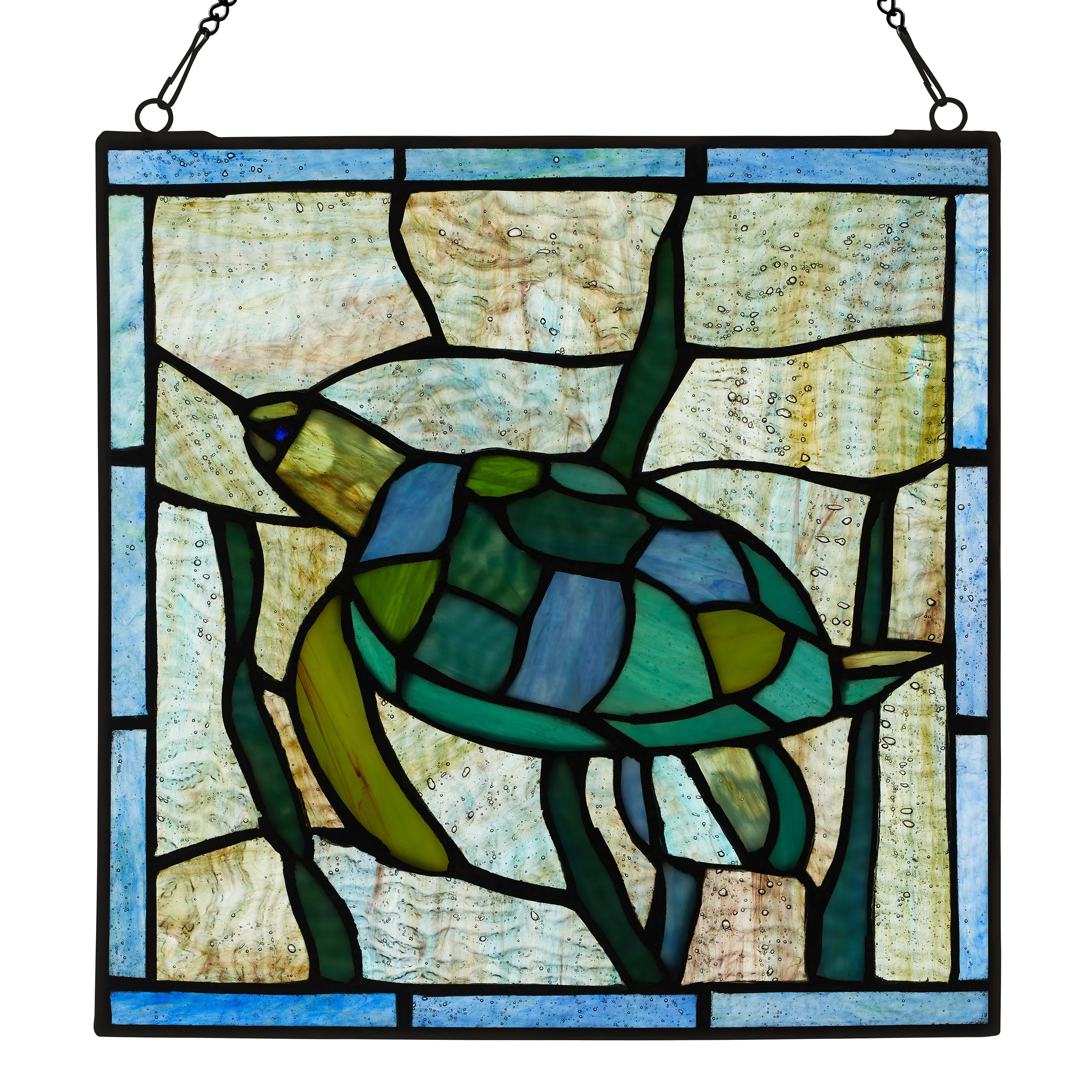Serene Sea Turtle Blue and Green Stained Glass Window Panel