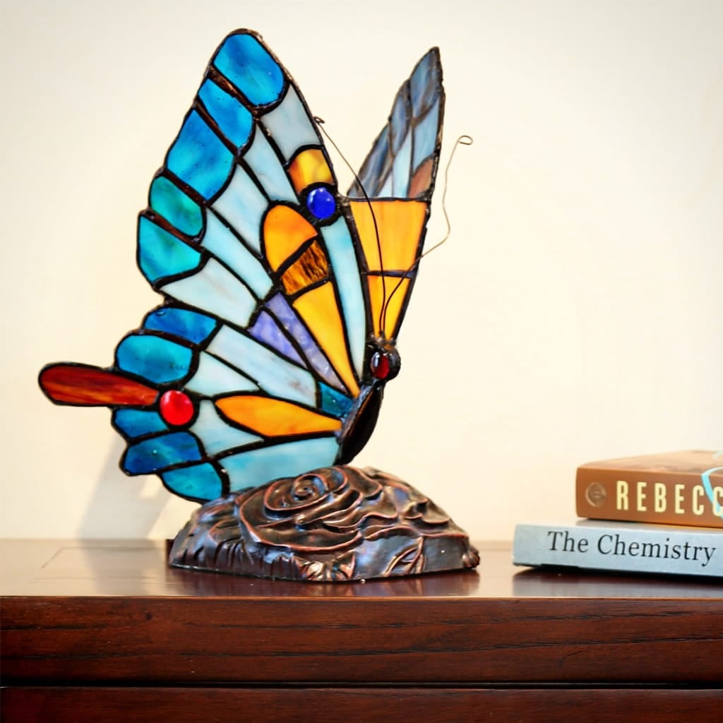 Blue and Yellow Stained Glass Butterfly Accent Lamp with Resin Base