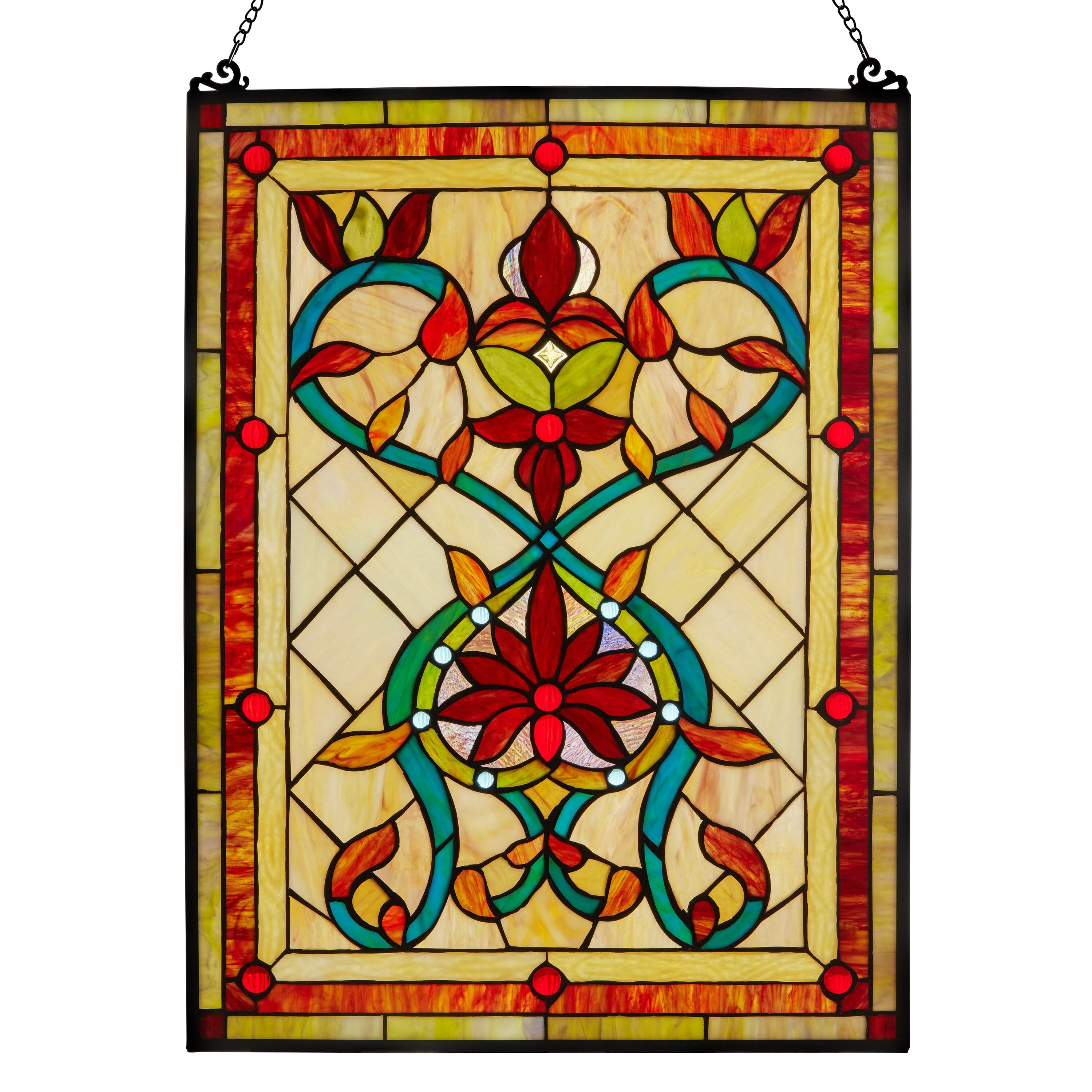 Fiery Hearts and Flowers Multicolor Stained Glass Window Panel