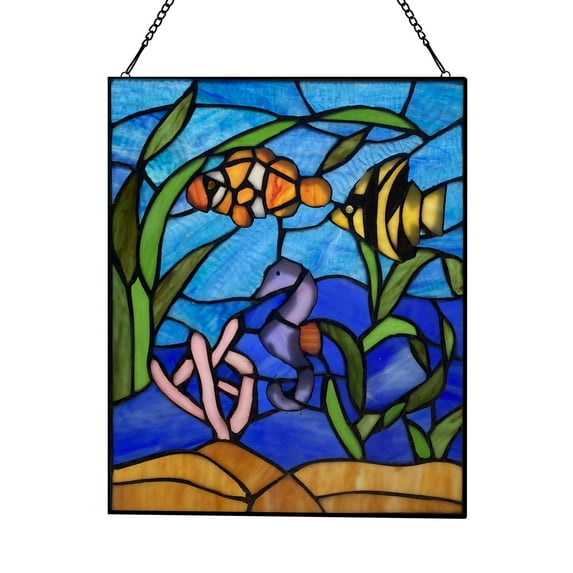 River of Goods Underwater Fish Ocean Scene Multicolored Stained Glass Window Panel - 11" x 0.25" x 14"