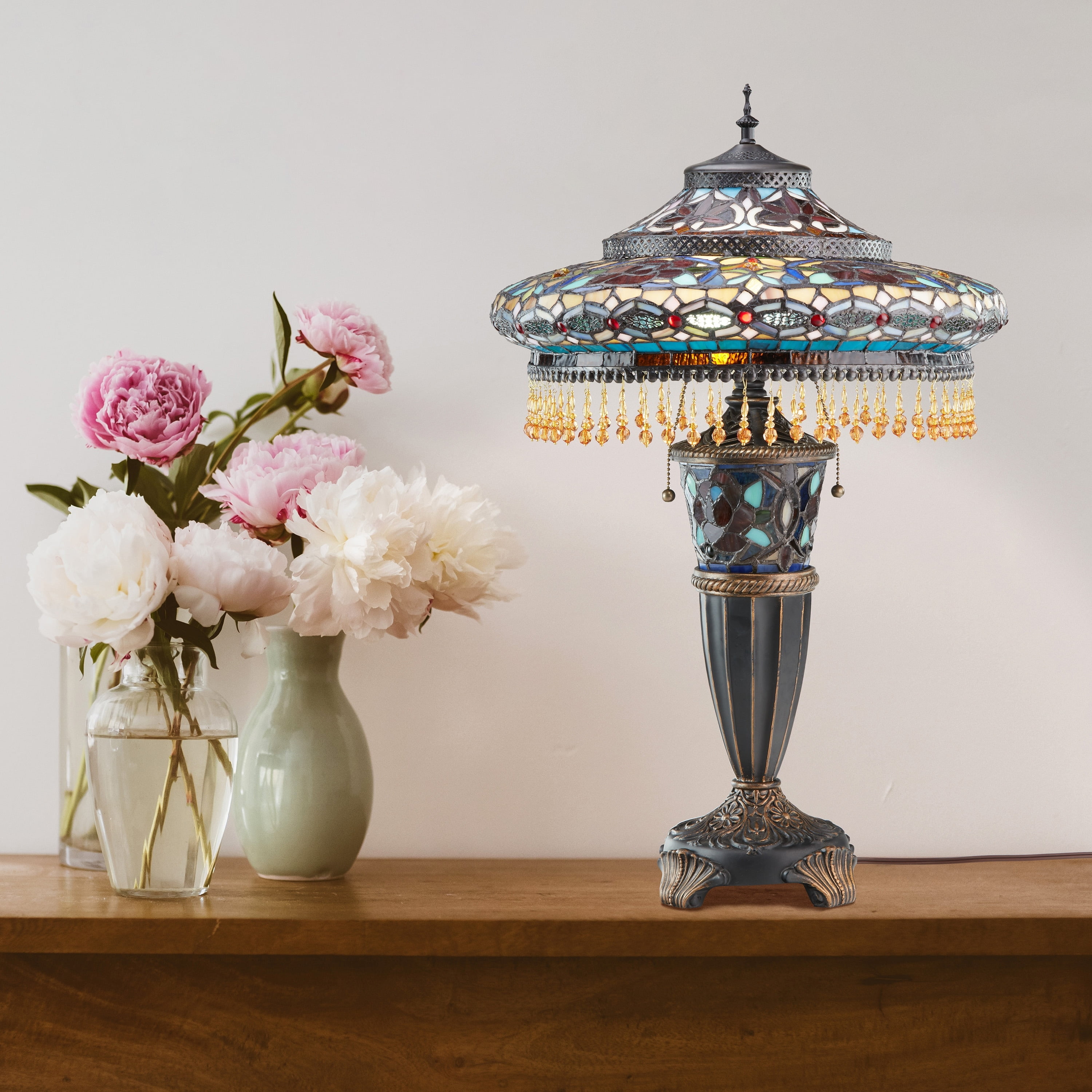 River of Goods Victorian Tiffany Style Stained Glass 27.5" Double Lit Table Lamp