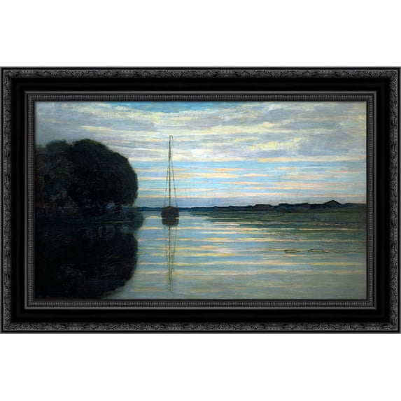 River view with a boat Sun 24x19 Black Ornate Wood Framed Canvas Art by Mondrian, Piet