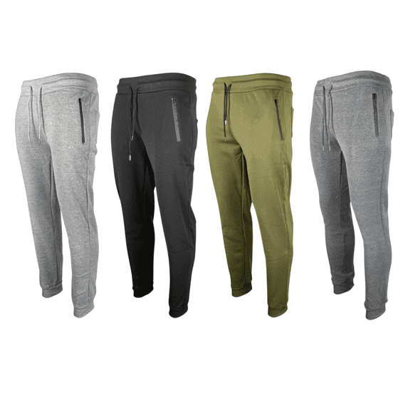 RiverBlue 4-Pack Mens Fleece Jogger Sweatpants with Zipper Pockets, Elastic Cuffs and Rope Cord Drawstring