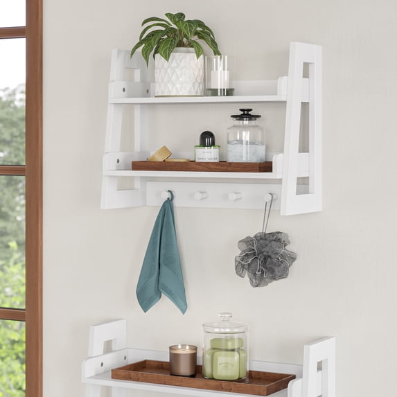 RiverRidge Amery 2-Tier Bathroom Ladder Shelf with Open Storage and Towel Hooks - White