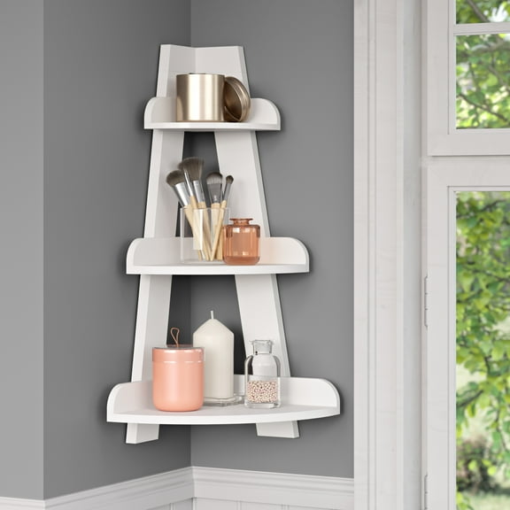 RiverRidge Amery 3-Tier Bathroom Corner Wall Mount Shelf Office Display Shelf - White