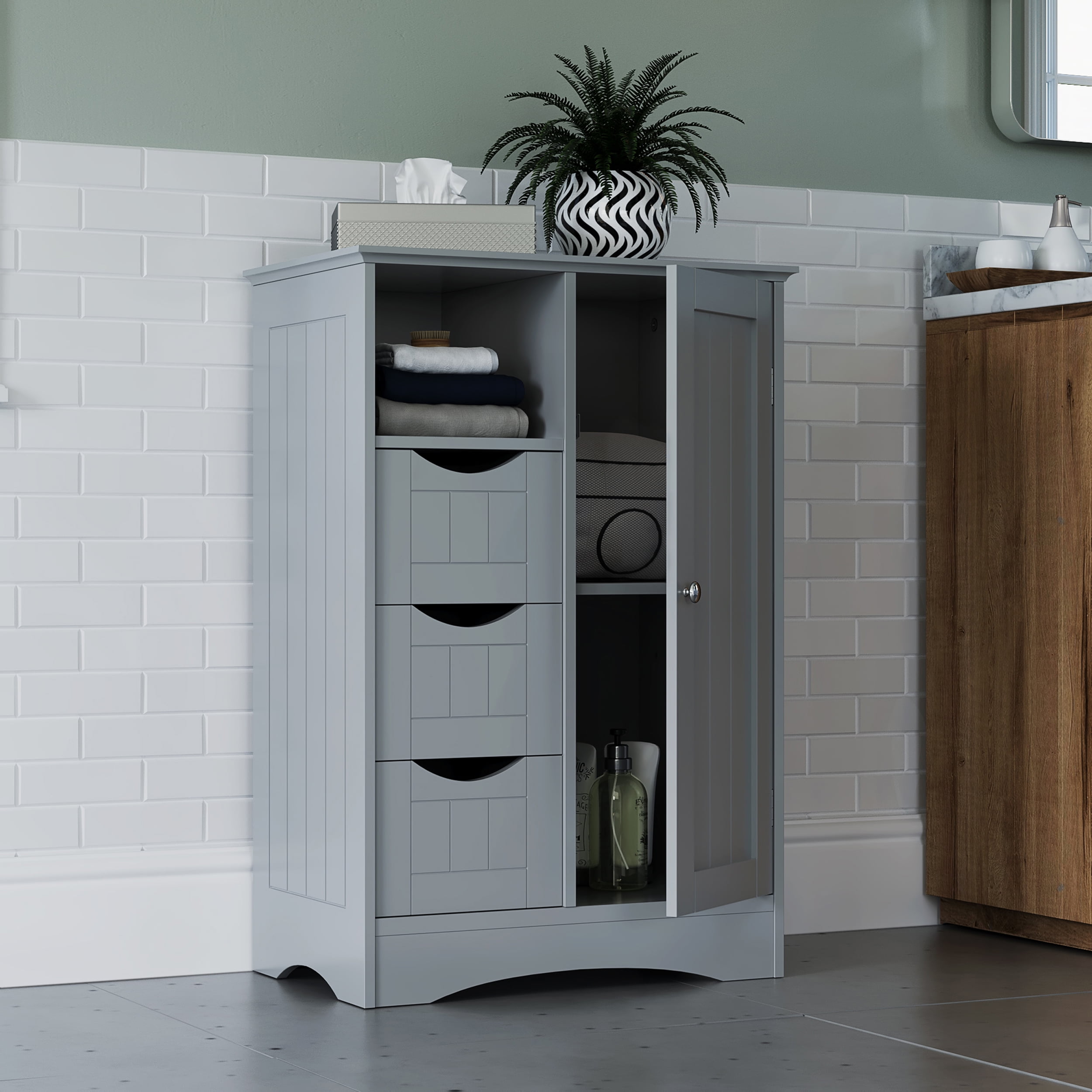 Gray MDF Freestanding Bathroom Storage Cabinet with Adjustable Shelving