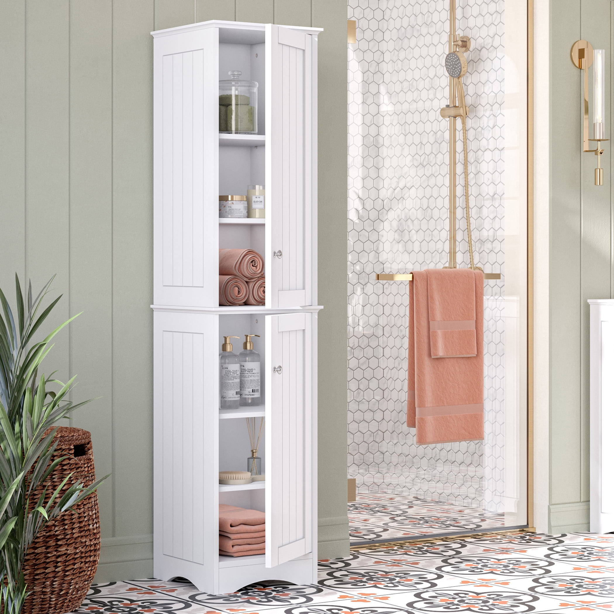 RiverRidge Ashland 2-Door Tall Bathroom Linen Storage Cabinet and