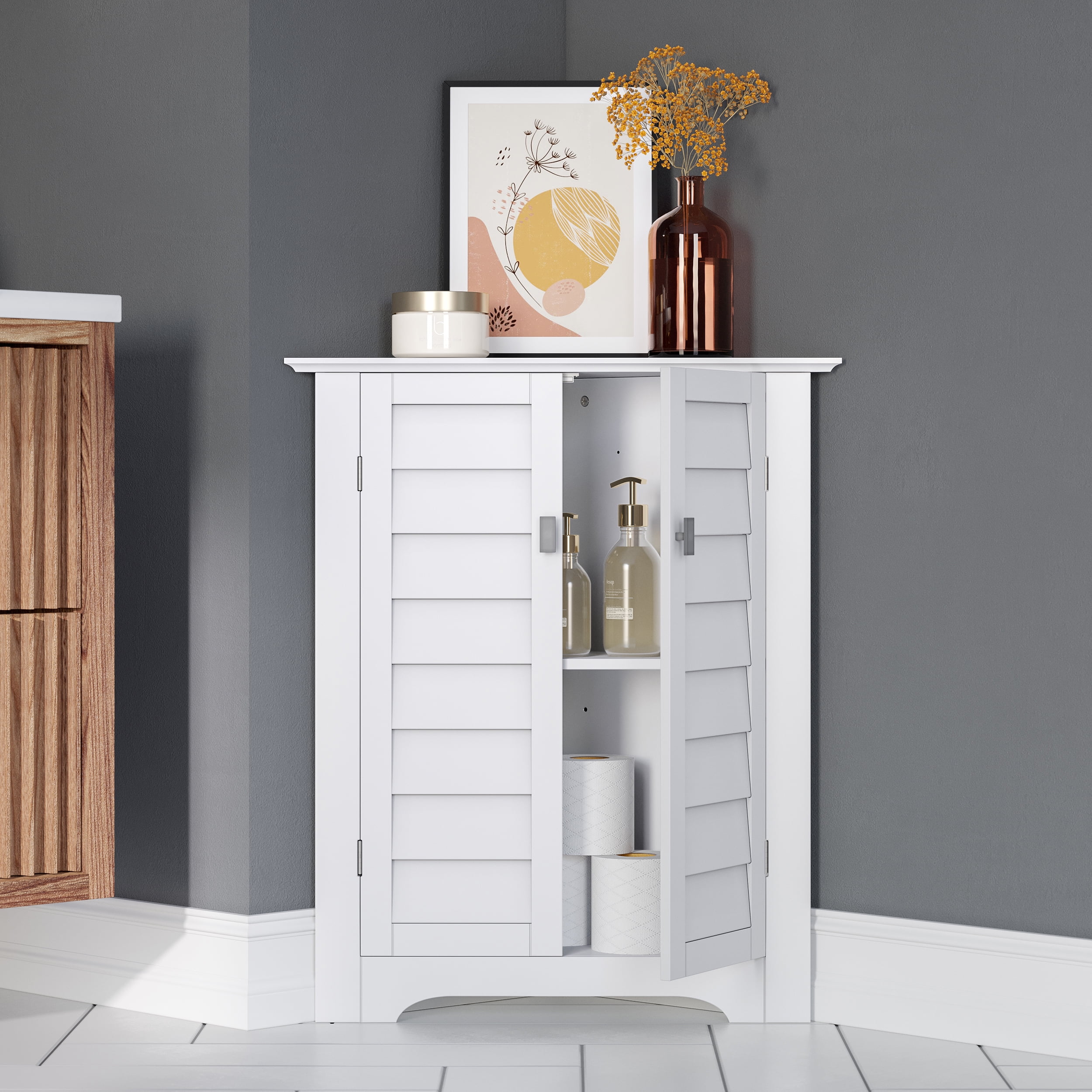 RiverRidge Brookfield Two-Door Corner Bathroom Cabinet Storage Organizer with an Adjustable Shelf - White