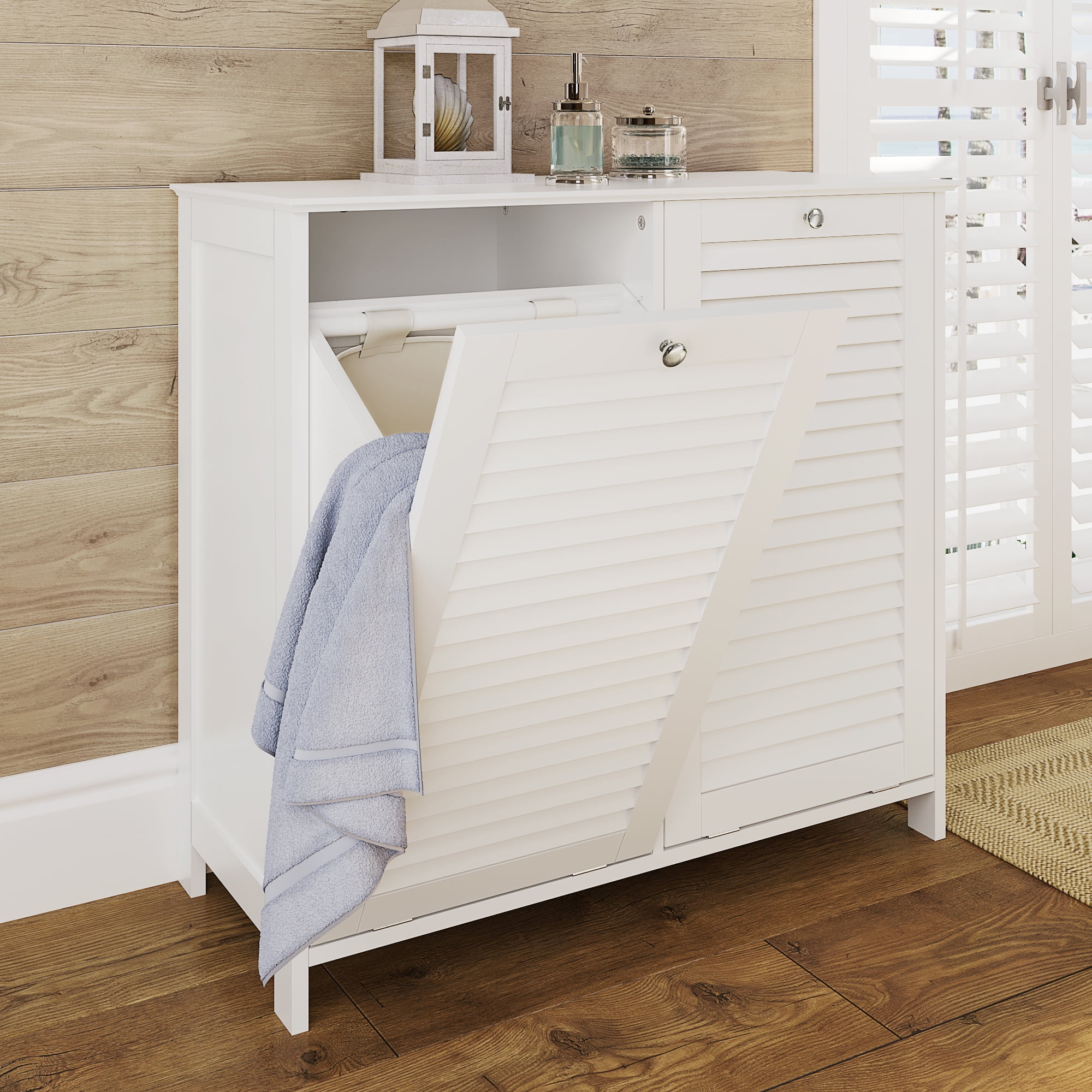 White MDF Double Tilt-Out Laundry Hamper Cabinet with Cloth Bags