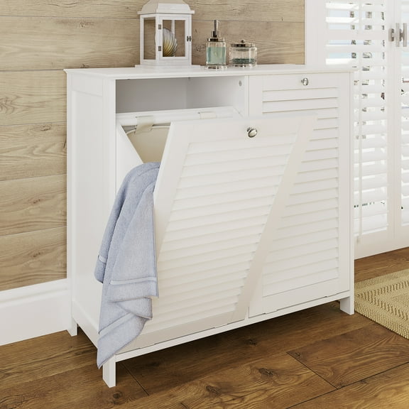 RiverRidge Ellsworth Double Tilt-Out Laundry Hamper Cabinet with Cloth Storage Bag - White