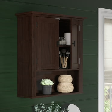 RiverRidge Hayward Two-Door Bathroom and Laundry Wall Mount Storage Medicine Cabinet with Fixed and Adjustable Shelf - Dark Woodgrain