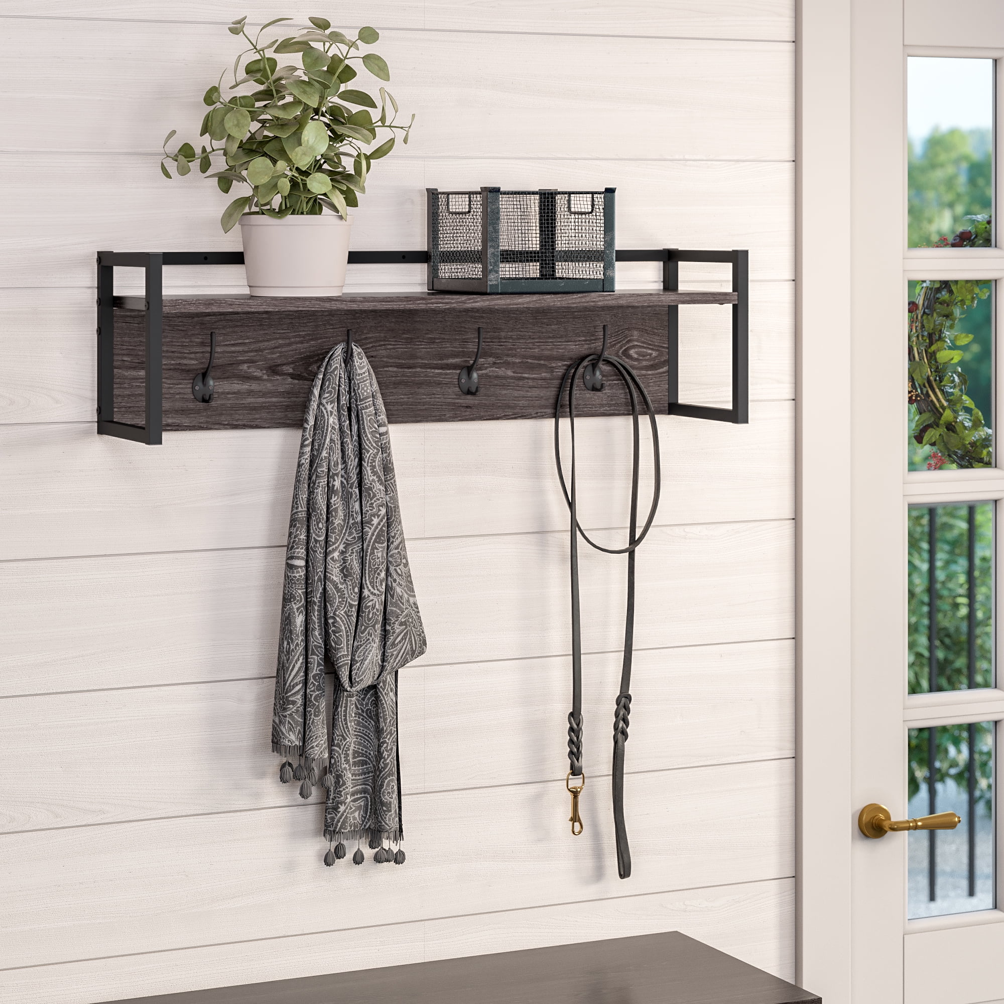 RiverRidge Afton 4 Hook Wall Mount Entryway Organizer Coat Rack Hanger Weathered Woodgrain and Dark Brown Hooks