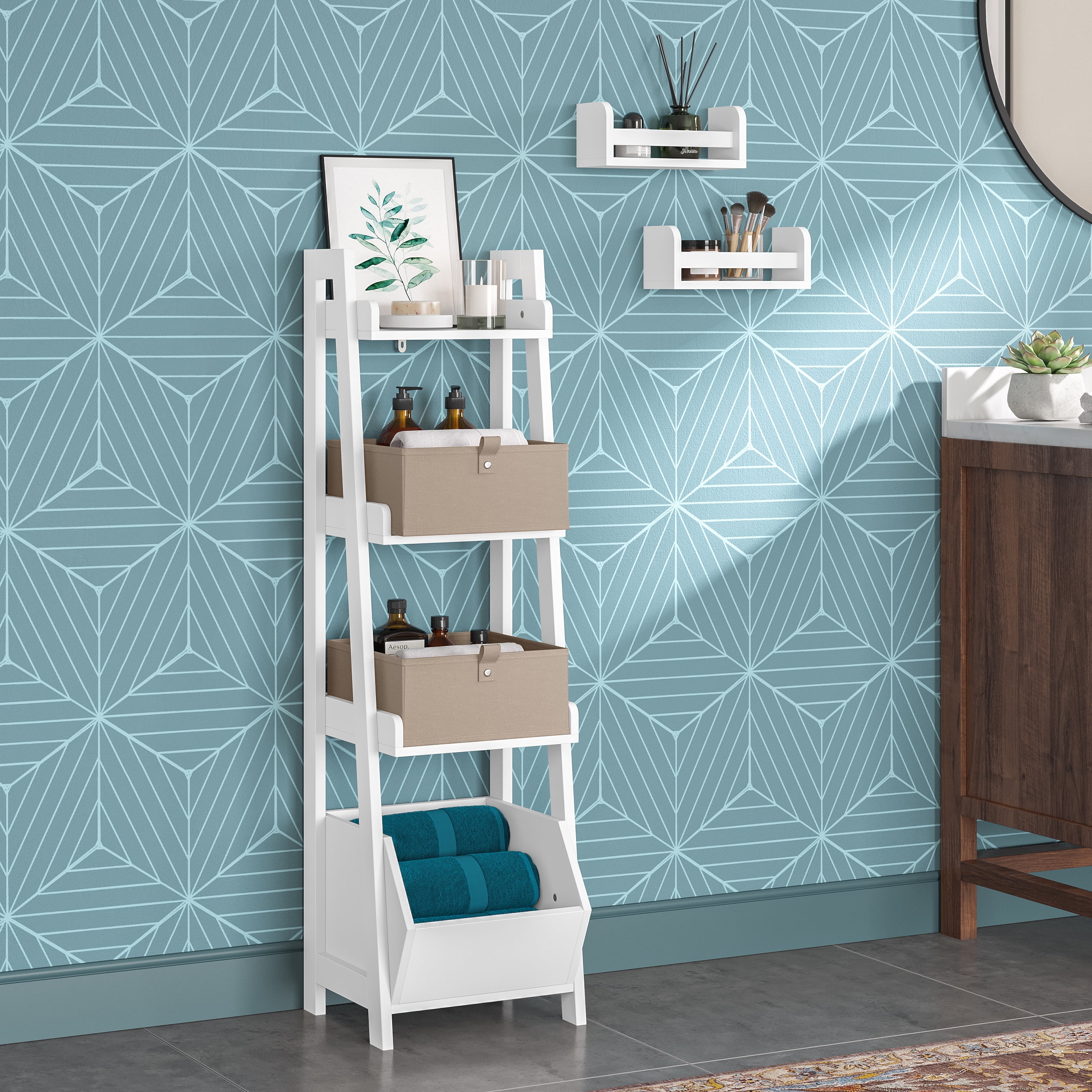 White MDF 4-Tier Kids Ladder Shelf with Storage Bin