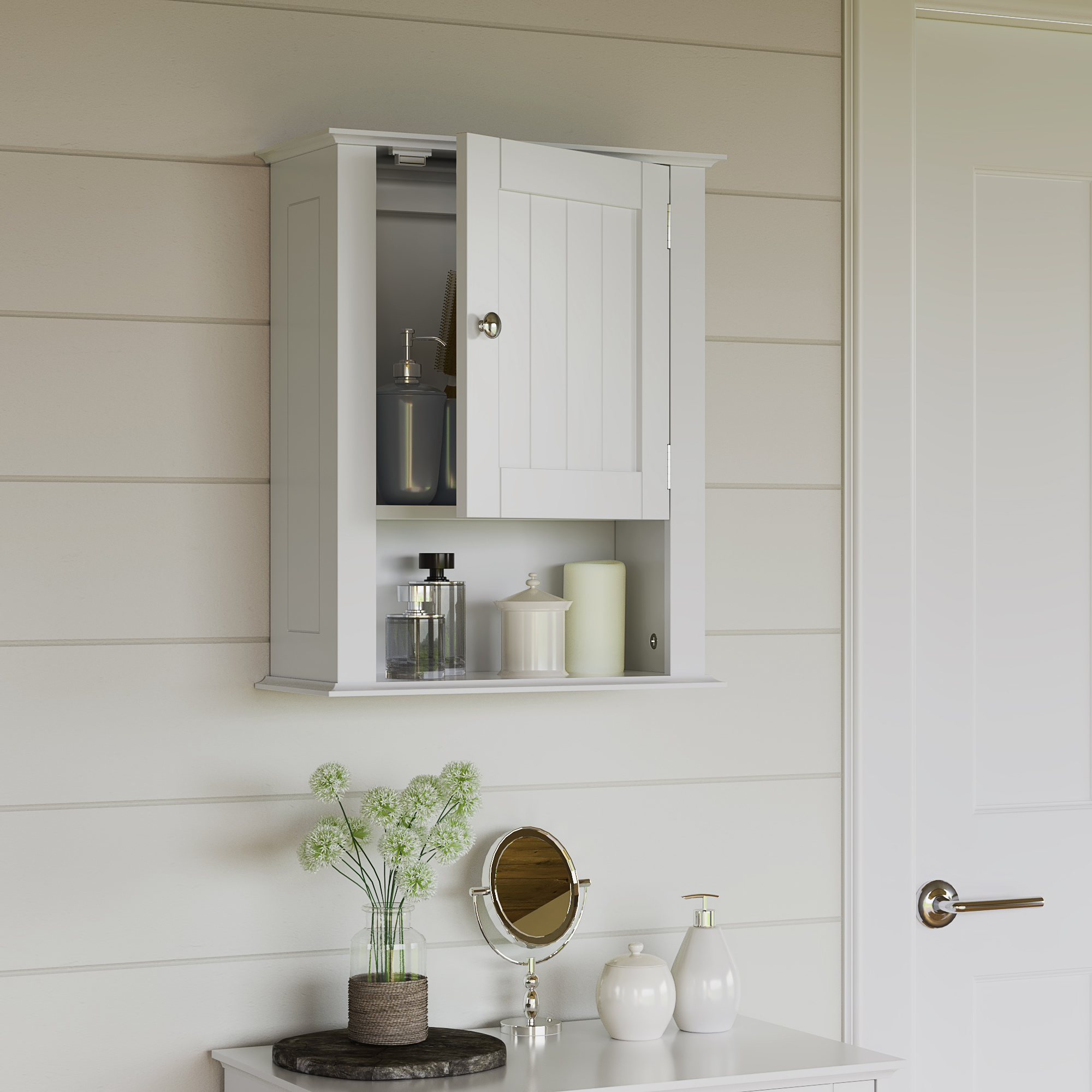 RiverRidge Home Ashland Collection Bath Single Door Wall Cabinet with Open Shelf, White - image 1 of 11