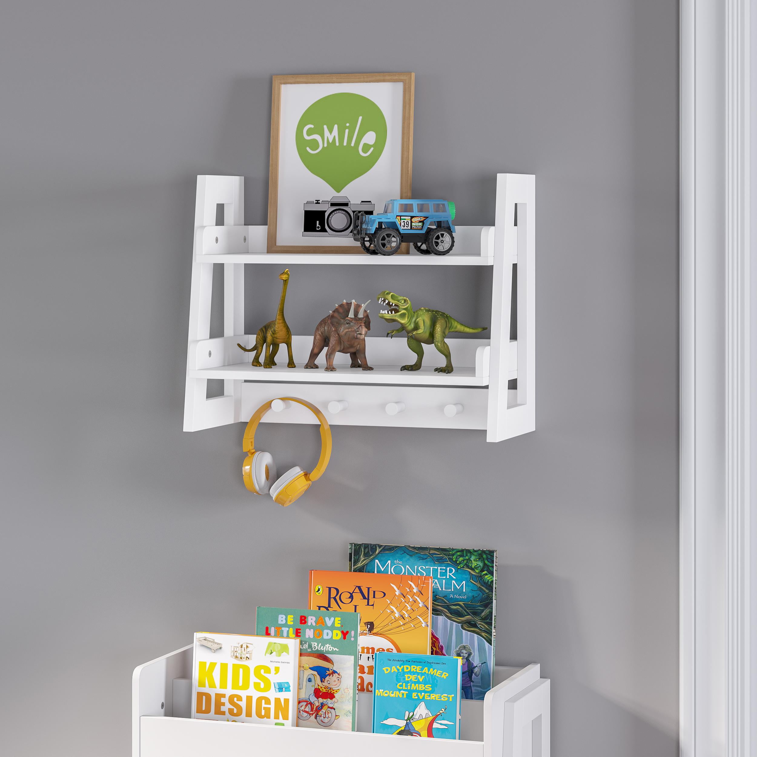 RiverRidge Kids 2 Tier Ladder Bookshelf with Storage and Wall Hooks for Playrooms with open Shelves for Toy Storage White