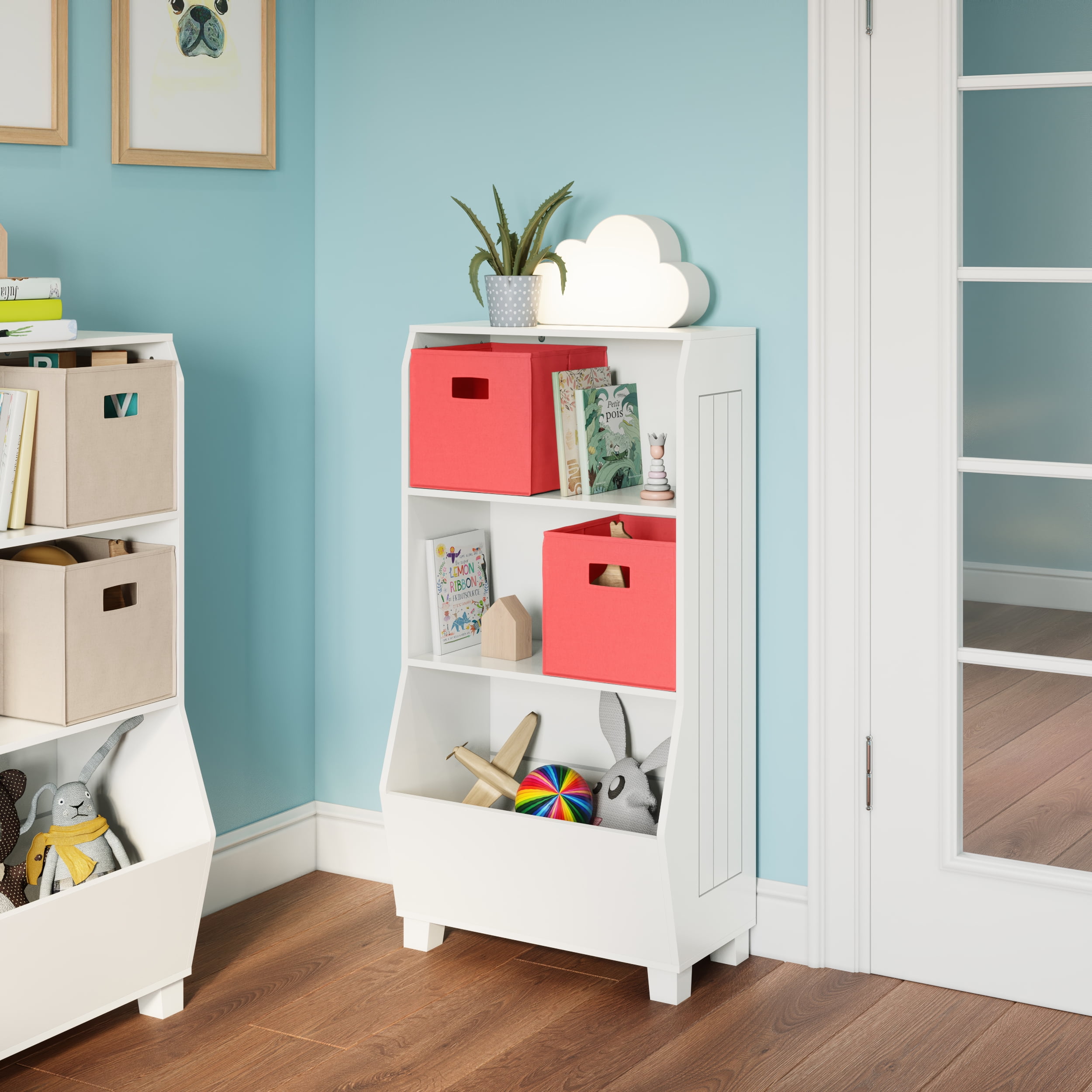 Adjustable Kids' Playroom Bookcase with Toy Organizer, Coral Bins