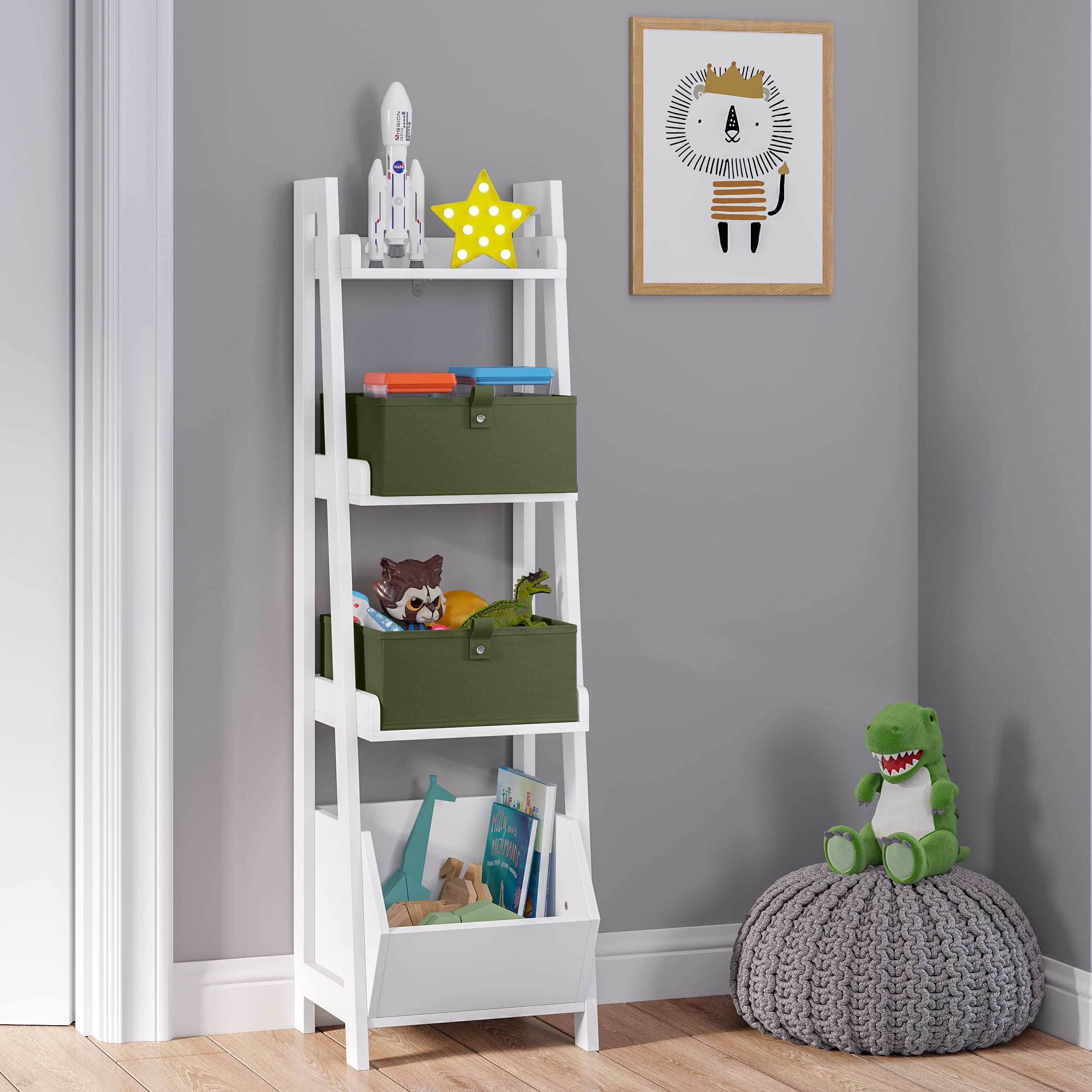 White and Olive Kids 4-Tier Ladder Shelf with Toy Organizer